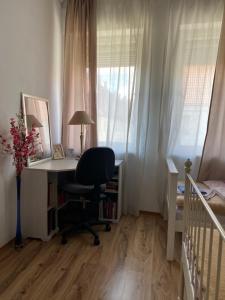 ein Schlafzimmer mit einem Schreibtisch und einem Bett sowie ein Schlafzimmer mit einem Kinderbett in der Unterkunft City Apartment in Schweinfurt