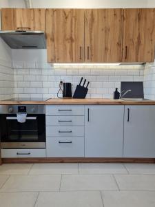 una cocina con electrodomésticos blancos y armarios de madera en Apartamenty Pod Dachem, en Lutowiska