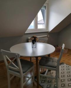 新瓦羅許的住宿－Apartman Jela，一张带两把椅子的白色桌子和花瓶