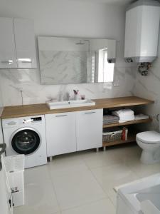 a white kitchen with a sink and a washing machine at Ancuty 20 in Ancuty