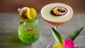 a cocktail in a martini glass next to a flower at Tŷ Magor in Magor +17 photos