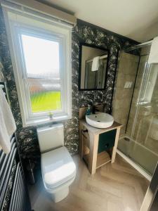 a bathroom with a toilet and a sink and a window at Evergreen Lodge with Hot Tub in York