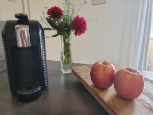zwei Äpfel auf einem Tisch mit einem Mixer und eine Vase mit Blumen in der Unterkunft Familienfreundliche großzügige Ferienwohnung Schlierachwelle zwischen Schliersee und Tegernsee in Hausham