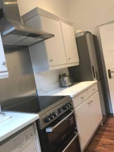 a kitchen with a stove and a refrigerator at Lakeside View Arts and Craft Apartment in Liverpool