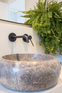 ein Steinwaschbecken mit einem Wasserhahn und einer Pflanze in der Unterkunft Spacious & Luxury villa in centre Ibiza in Santa Gertrudis