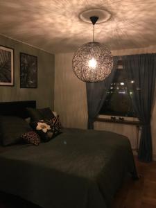 a bedroom with a bed and a chandelier and a window at Jane’s place in Stockholm