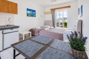 una camera d'albergo con due letti e una cucina di Johnhara Studios & Apartments a Ialyssos