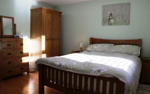 a bedroom with a bed with a dresser and a mirror at Fairy Glen Cottage in Uig