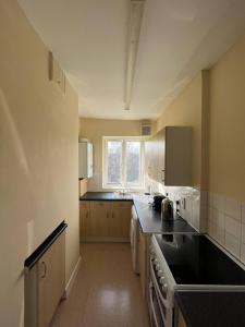 a kitchen with a sink and a stove at Lovely 1BD Flat with large windows - Highbury in London