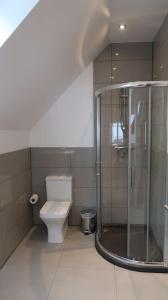 a bathroom with a toilet and a glass shower at Wee Neuk in Spean Bridge +19 photos