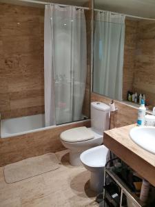 a bathroom with a toilet and a shower and a sink at S'Abanell Central Park seafront apartment in Blanes