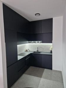 una cocina con armarios negros y fregadero en TOMAS LUX APARTMENTS, en Banja Luka