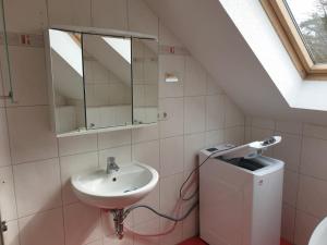 ein Badezimmer mit Waschbecken und Spiegel in der Unterkunft Ferienwohnung 6 - Gourmetzimmer in Bestensee + 15 Fotos