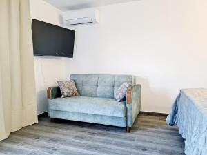 a blue couch in a room with a tv at Elival House in Nufăru