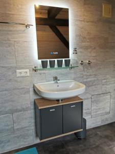 a bathroom with a sink and a mirror at Apartment am Zolltor in Wertheim