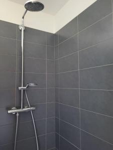 ハウスハムにあるFamilienfreundliche großzügige Ferienwohnung Schlierachwelle zwischen Schliersee und Tegernseeのグレータイルのバスルーム(シャワー付) +13枚の写真