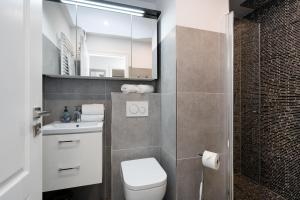 a bathroom with a toilet and a sink and a mirror at Albatros EG in Tinnum +12 photos