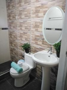 a bathroom with a toilet and a sink and a mirror at La Casa de la Abuela I in Yucay