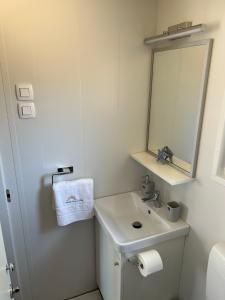 ein weißes Badezimmer mit einem Waschbecken und einem Spiegel in der Unterkunft Mobile Home La Vida in Biograd na Moru