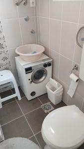 a bathroom with a toilet and a sink and a washing machine at Studio Centar in Petrovac na Mlavi