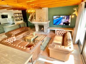 a living room with leather couches and a fireplace at KempenLodge, luxe boshuis voor 8 pers, in Brabantse natuur in Diessen