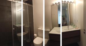 - deux photos d'une salle de bains avec toilettes et douche dans l'établissement Serralves 1108 -Estudio 0, à Porto