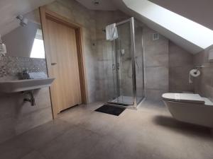 ein Badezimmer mit Dusche, Toilette und Waschbecken in der Unterkunft Kalinowy Sen II in Warschau