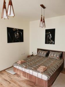 - un lit dans une chambre avec 2 photos sur le mur dans l'établissement APARTAMENT REGUN, à Reghin