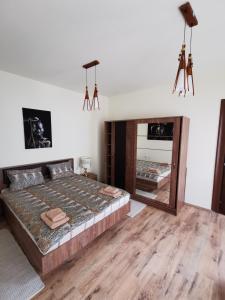 a bedroom with a bed and a large mirror at APARTAMENT REGUN in Reghin