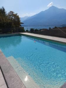 una grande piscina blu con una montagna sullo sfondo di Lago-apartment Midy, sfeervol, zwembad, airco a Domaso