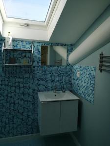 uma casa de banho com um lavatório e uma clarabóia em Gîte de l ancienne Poste em Bourdic