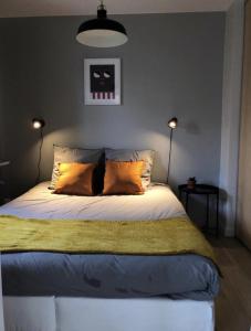 een slaapkamer met een groot bed met 2 lampen bij Appart boheme chic in Annecy