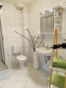 a white bathroom with a toilet and a sink at Ferienwohnung Jahnke in Karlshagen