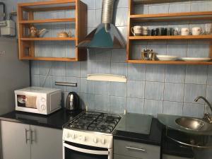 a kitchen with a stove top oven and a microwave at Центр. Шептицького in Ternopil