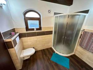 a bathroom with a shower and a toilet and a window at Penzion - Apartman Přestavlky in Tršice