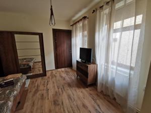 a living room with a television and a mirror at APARTAMENT REGUN in Reghin