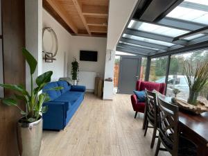 ein Wohnzimmer mit einem blauen Sofa und einem Tisch in der Unterkunft Spreewaldhaus Widwan in Lübbenau