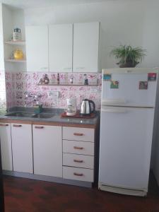 kuchnia z białymi szafkami i białą lodówką w obiekcie Casa Bloise w BuenosAires