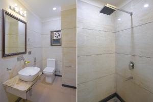 two pictures of a bathroom with a toilet and a shower at FabHotel Jewel Palace in Bhopal