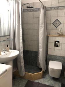 W łazience znajduje się prysznic, toaleta i umywalka. w obiekcie Sunset Bay w mieście Porto Heli