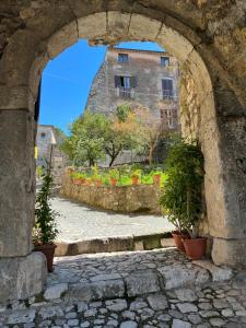 an archway in a stone building with potted plants at La Dimora dell'Arco in Pico