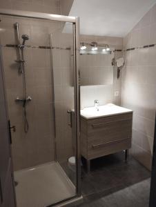 een badkamer met een douche, een wastafel en een toilet bij Aux Berges du Canal in Capestang
