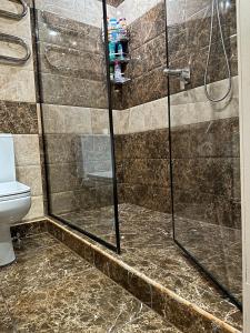 ein Bad mit einer Dusche und einem WC in der Unterkunft Valmiera in Valmiera