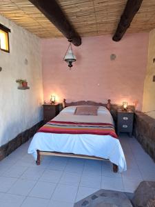 sypialnia z dużym łóżkiem w pokoju w obiekcie Hostería Plaza Chica Tilcara w mieście Tilcara