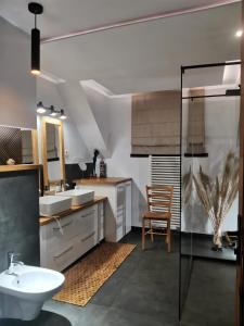a bathroom with a sink and a toilet and a chair at Apartament Forest in Mysłakowice