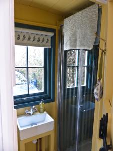 a bathroom with a shower and a sink and a window at Oak Shepherds Hut in Wootton Fitzpaine