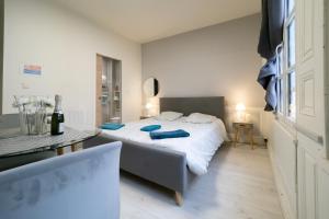 1 dormitorio con 1 cama grande y 1 mesa en Le Papillon de la Cathédrale - Calme - Jardin - Wifi, en Troyes