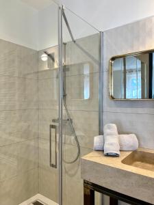 La salle de bains est pourvue d'une douche et d'un lavabo. dans l'établissement LA COUR CARREE, à Carcassonne