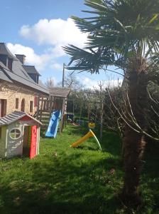 a yard with a palm tree and a playground at Chambres d'hôtes La Roche in Saint-Hilaire-des-Landes