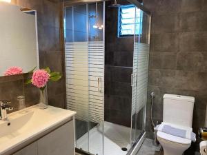 a bathroom with a shower and a toilet and a sink at OCEANA Beach Hotel in Paralia Panteleimonos